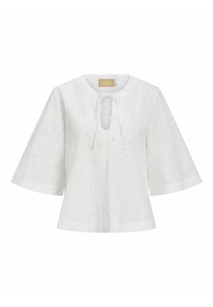 Witte katoenen blouse met brede mouwen, bloemige oogjesborduursels en een voorstriksluiting bij een kleine sleutelgat-halslijn.