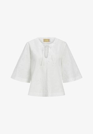 Bela bombažna bluza s širokimi rokavi, vezenjem v obliki cvetnih odprtin ter sprednjim zapiranjem z vrvico na majhnem ključavničnem izrezu.