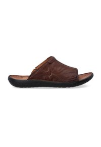 Brune lædersandal med åbent tåparti, tekstureret overdel og en fleksibel sort gummisål. Syning detaljer langs kanterne.