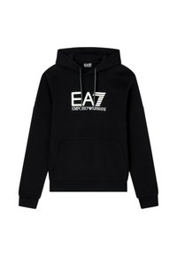 Felpa con cappuccio nera e tasca frontale. Caratterizzata dal logo EA7 Emporio Armani in bianco, realizzata in tessuto morbido con una vestibilità rilassata.