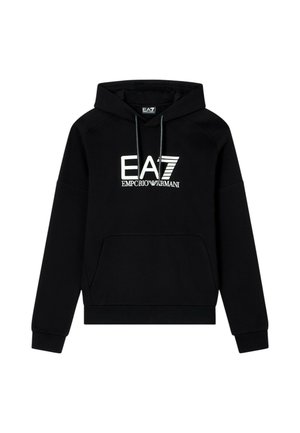 Felpa con cappuccio nera e tasca frontale. Caratterizzata dal logo EA7 Emporio Armani in bianco, realizzata in tessuto morbido con una vestibilità rilassata.