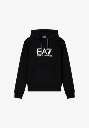 Felpa con cappuccio nera e tasca frontale. Caratterizzata dal logo EA7 Emporio Armani in bianco, realizzata in tessuto morbido con una vestibilità rilassata.