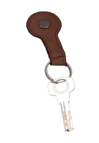 Silver key attached to a metal ring with a brown leather key fob featuring visible stitching and a metal button.