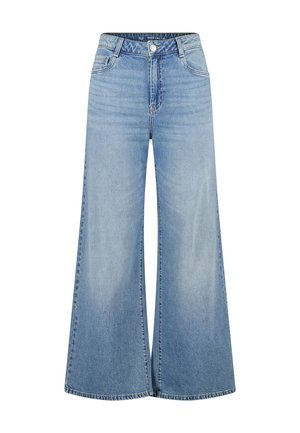 Jean en denim bleu clair à jambes larges avec poches avant, passants de ceinture et fermeture par bouton.