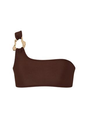 Brauner, einseitiger Bikini-Oberteil aus glattem Material. Auffällige goldene Hardware-Akzente an der Schulter mit einem geknoteten Detail.