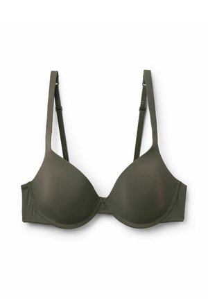 Soutien-gorge rembourré vert olive avec armatures, bretelles réglables, finition lisse et détails de coutures sur les bonnets et la bande.