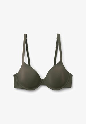 Soutien-gorge rembourré vert olive avec armatures, bretelles réglables, finition lisse et détails de coutures sur les bonnets et la bande.