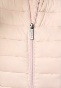 Lichtroze gevoerd jack met een zilveren rits met "USPA" branding en bijpassende roze ritssluiting. De textuur lijkt zacht en gewatteerd.