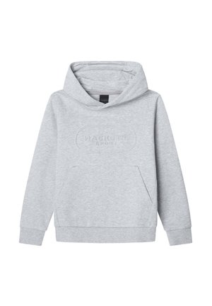 Jasnoszara bluza z kapturem wykonana z miękkiego materiału, z kieszenią z przodu, ribbowanymi mankietami oraz wytłoczonym detalem logo na piersi.
