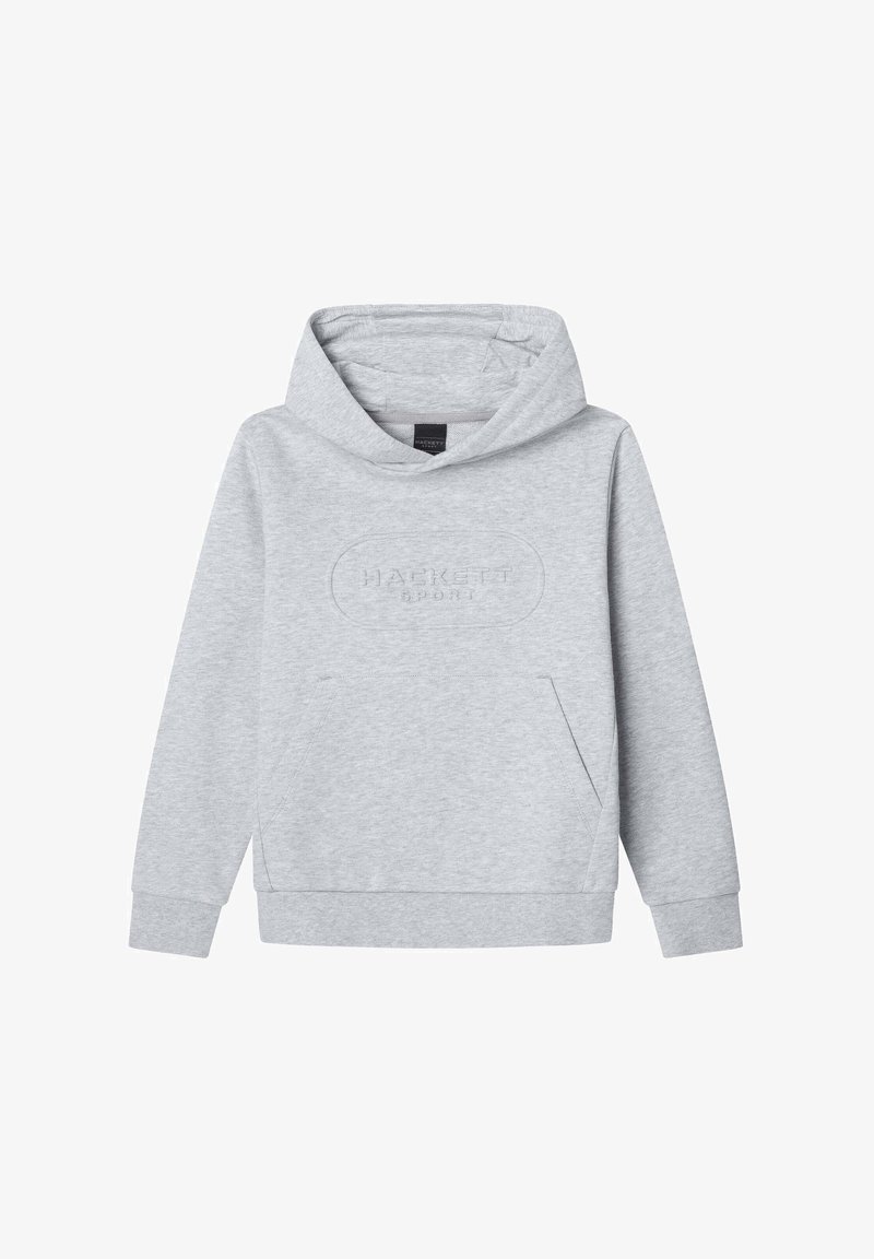 Ljusgrå hoodie gjord av mjukt material, med en framficka, ribbade ärmslut och en präglad logotypdetalj på bröstet.