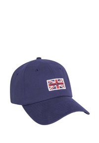 Casquette de baseball bleu marine en coton, avec un patch frontal portant un design de l'Union Jack et "Pepe Jeans" brodé en rouge et blanc.