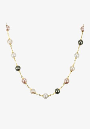 Collar de cadena de oro que presenta perlas redondas en blanco, rosa y negro, con tamaños de perla alternos y una textura suave.