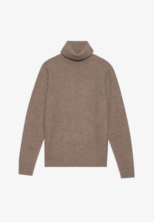 Pulover călduros de culoare maronie, confecționat dintr-un material tricotat moale, având un guler și manșete cu model zimțat, cu o textură simplă și o croială lejeră.