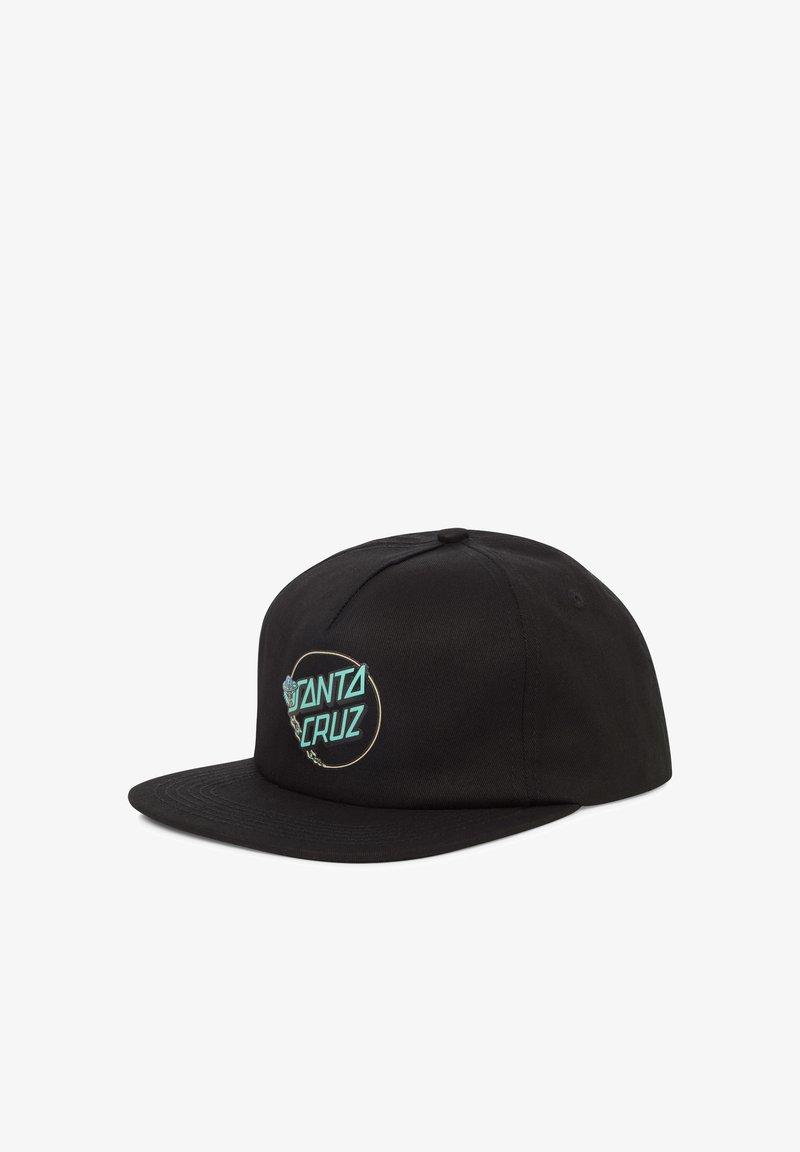 Schwarze Flat-Brim-Cap aus Stoff mit einem türkisfarbenen "Santa Cruz"-Logo und grafischen Details auf der Vorderseite.