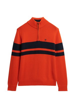Strikket pullover i klar orange med høj krave, prydet med marineblå striber over brystet samt ribkantede manchetter og forneden.
