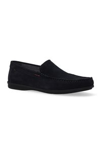 Navyblaue Wildleder Slipper mit glatter Textur, abgerundeter Zehenpartie und kontrastierenden Nähten. Niedriger Gummisohle für Komfort.