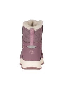 Purple winter boot with quilted texture, fur-lined collar, and reinforced heel. Features a white sole and logo detail on the back.