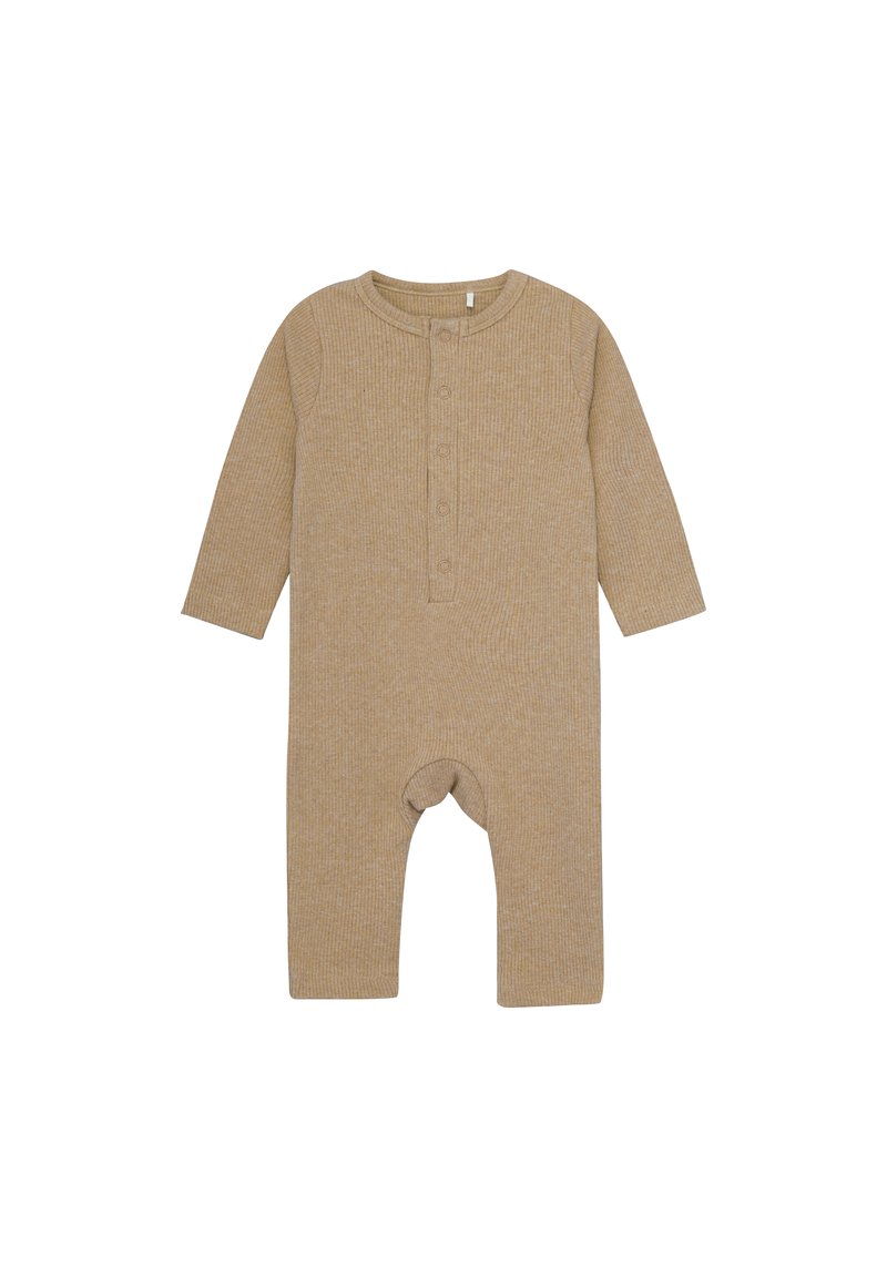 Ribbet beige heldragt med lange ærmer, knaplukning ved halsen og åben bund for nem skiftning. Blød tekstur og enkelt design.