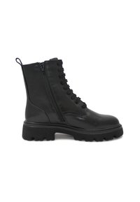 Stivaletto nero in pelle con forma strutturata, zip laterale, lacci frontali, suola in gomma spessa e dettagli testurizzati sulla parte superiore.