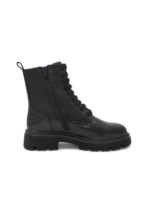Stivaletto nero in pelle con forma strutturata, zip laterale, lacci frontali, suola in gomma spessa e dettagli testurizzati sulla parte superiore.