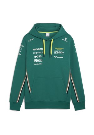 Zielona bluza z kapturem z żółtymi sznurkami, wieloma logo sponsorów, w tym Aston Martin Aramco Formula One Team na piersi oraz paskami na rękawach.