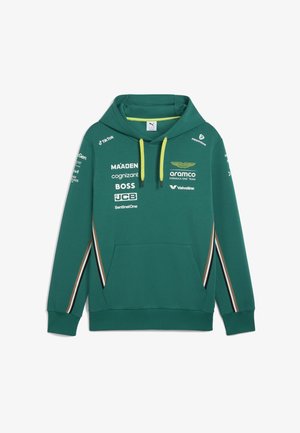 Zielona bluza z kapturem z żółtymi sznurkami, wieloma logo sponsorów, w tym Aston Martin Aramco Formula One Team na piersi oraz paskami na rękawach.
