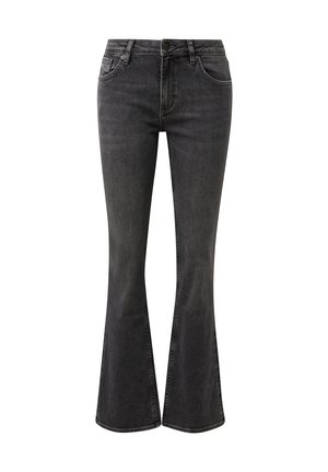 Zwarte denim jeans met hoge taille en uitlopende pijpen, voorzien van een knoop- en ritssluiting aan de voorkant en een ontwerp met vijf zakken.