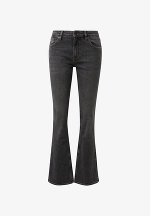 Czarne dżinsy z wysokim stanem, rozszerzanymi nogawkami, zapinane na guziki z przodu oraz suwak, z pięcioma kieszeniami.