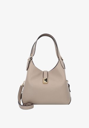 Beige Lederhandtasche mit strukturiertem Design, verstellbaren Tragegriffen, goldenen Hardware-Akzenten und kontrastierenden dunklen Abschlüssen. Enthält einen abnehmbaren Gurt.