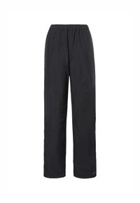 Pantalons noirs imperméables avec une taille élastique, coupe droite et un branding minimaliste sur le côté. Tissu lisse et durable.