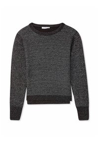 Maglione lavorato a maglia di un grigio scuro con leggere sfumature chiare, caratterizzato da un colletto tondo, maniche lunghe e polsini e orlo a costine. Texture morbida.