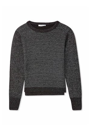 Maglione lavorato a maglia di un grigio scuro con leggere sfumature chiare, caratterizzato da un colletto tondo, maniche lunghe e polsini e orlo a costine. Texture morbida.