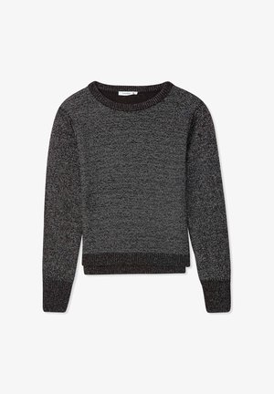 Maglione lavorato a maglia di un grigio scuro con leggere sfumature chiare, caratterizzato da un colletto tondo, maniche lunghe e polsini e orlo a costine. Texture morbida.