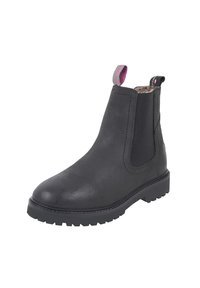 Zwarte leren Chelsea boot met elastische zijpanelen, een gestructureerde buitenkant, robuuste zool en een contrasterende trekstrip in roze.