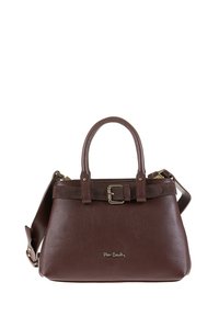 Sac à main en cuir marron avec un design structuré, double anses, sangle détachable, détail de boucle sur le dessus et logo près de la base.