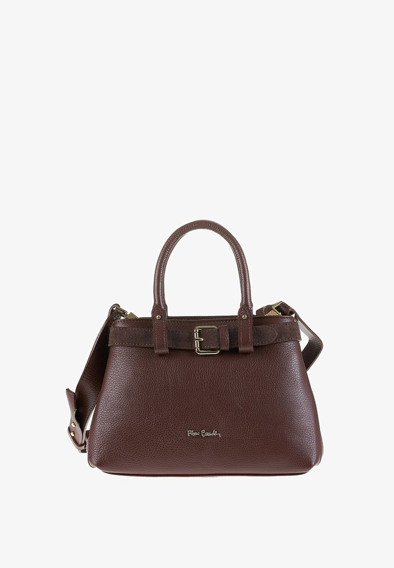 Borsa a mano in pelle marrone con design strutturato, doppio manico, tracolla rimovibile, dettagli con fibbia nella parte superiore e logo vicino alla base.