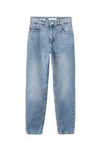 Jeans in denim azzurro chiaro con taglio a gamba dritta, cinque tasche, chiusura con bottoni e leggera scoloritura. Design classico e tessuto morbido.