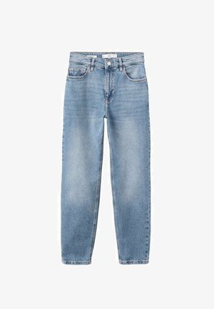 Light blue denim jeans with a straight-leg cut, five pockets, button closure, and subtle fading. Classic design and soft texture.