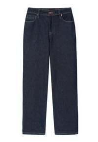 Vaqueros de mezclilla azul oscuro con corte recto, que cuentan con cinco bolsillos, herrajes de cobre y costuras de color amarillo contrastante.