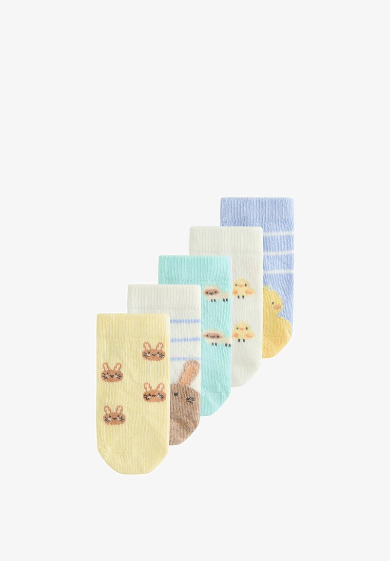 Fünf Paar bunte Babysocken, jeweils mit unterschiedlichen Tier- oder Vogeldesigns, darunter Hasen, Küken und Enten, nebeneinander angeordnet.