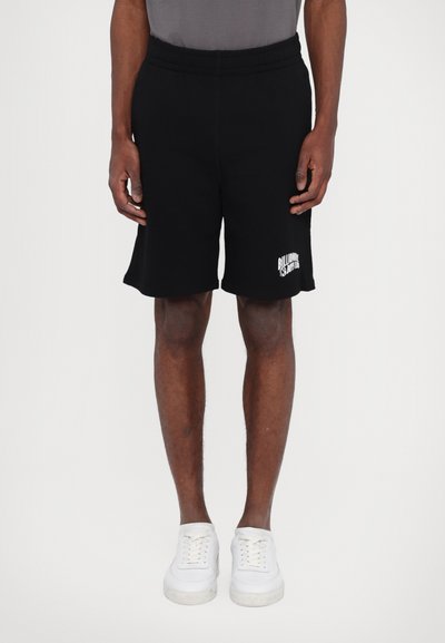 Shorts en mélange de coton noir avec une taille élastique et des poches latérales. Présente un imprimé logo blanc sur la jambe gauche.