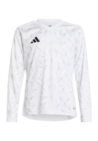 Wit longsleeve jersey met een geometrisch patroon, v-hals ontwerp, zwart Adidas-logo op de linkerborst en textuurstof.