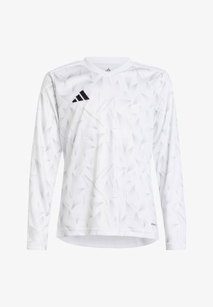 Jersey bianco a maniche lunghe con pattern geometrico, design a scollatura a V, logo Adidas nero sul lato sinistro del petto e tessuto testurizzato.