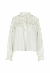 White long-sleeve blouse with ruffled neckline and cuffs, featuring lace trim detailing along the bodice and sleeve edges.
