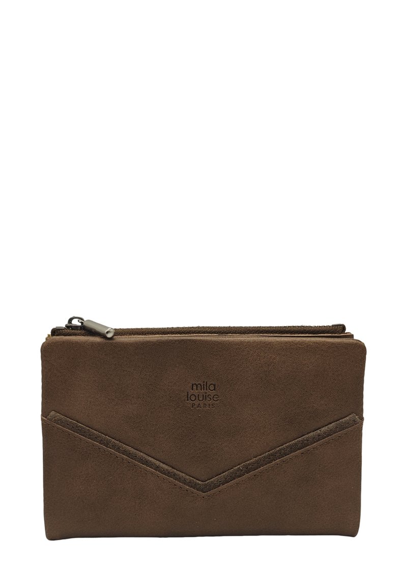 Portefeuille en daim marron avec un compartiment zippé et un logo embossé "mila louise PARIS" centré à l'avant.