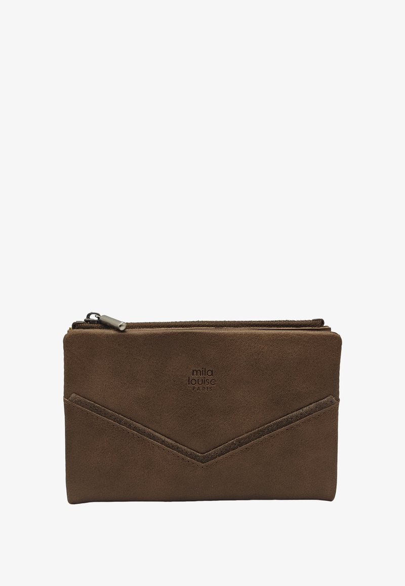 Portefeuille en daim marron avec un compartiment zippé et un logo embossé "mila louise PARIS" centré à l'avant.