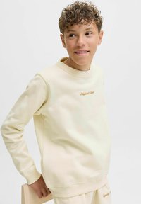 Sweatshirt bege claro com colarinho e punhos canelados, apresentando "Original States" bordado em um tom mais escuro. Textura de tecido suave.