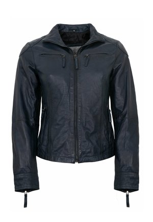 Black leather jacket with front zipper, zippered chest and side pockets, long sleeves, and zippered cuffs, displayed on a white background.