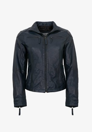 Black leather jacket with front zipper, zippered chest and side pockets, long sleeves, and zippered cuffs, displayed on a white background.