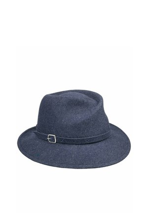 Dark gray felt fedora hat with a medium brim and a matching band featuring a small silver buckle around the base.